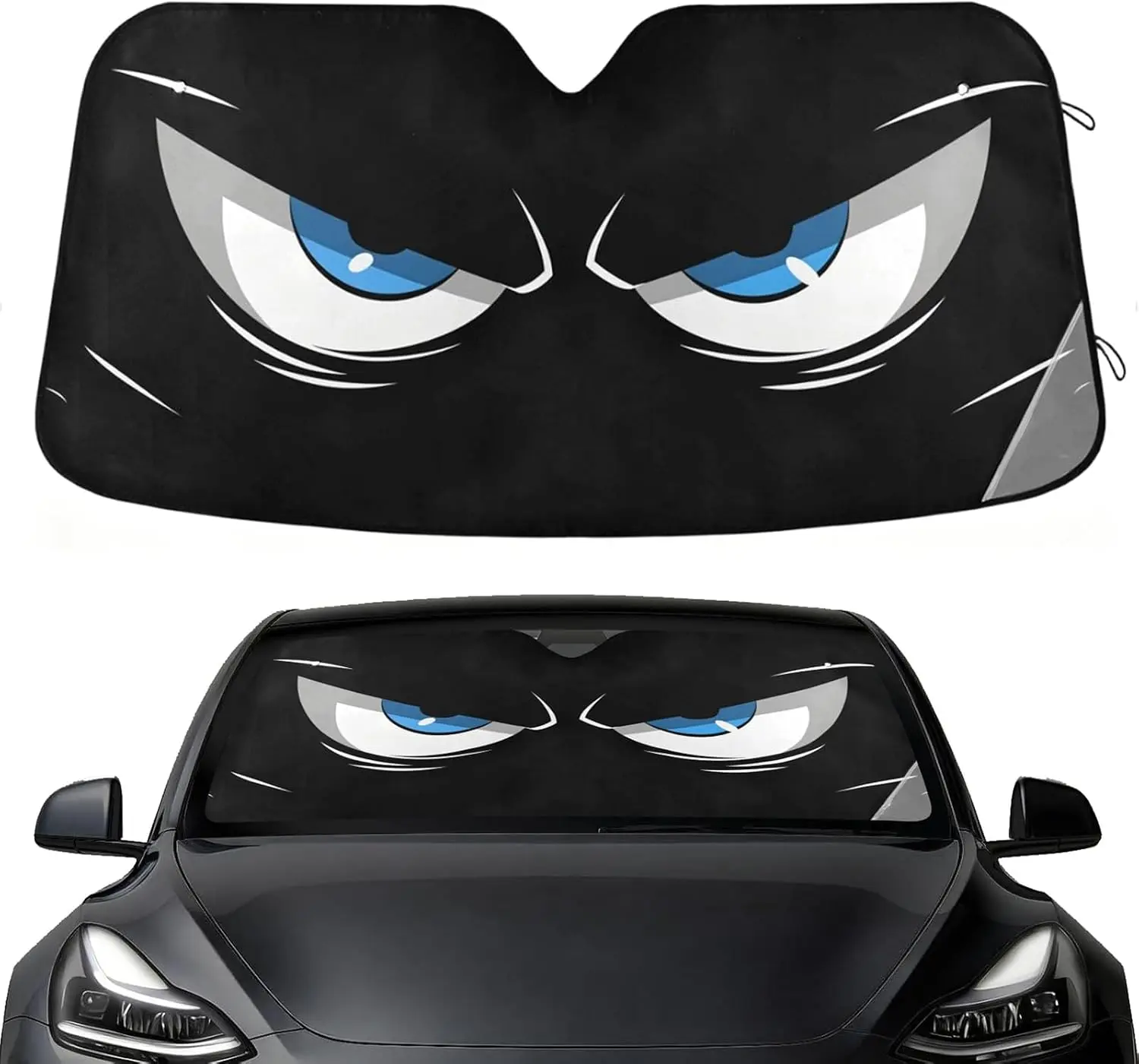 Cartoon Eyes Front Windshield Sunshade Cover - 55"x27.6" Black Blue Foldable Car Window Covers for Car, SUV, Truck, Sun-Shielding Windshield Protector with UV Blocking, Heat Reflection, Thermal Insulation, Detachable Visor
