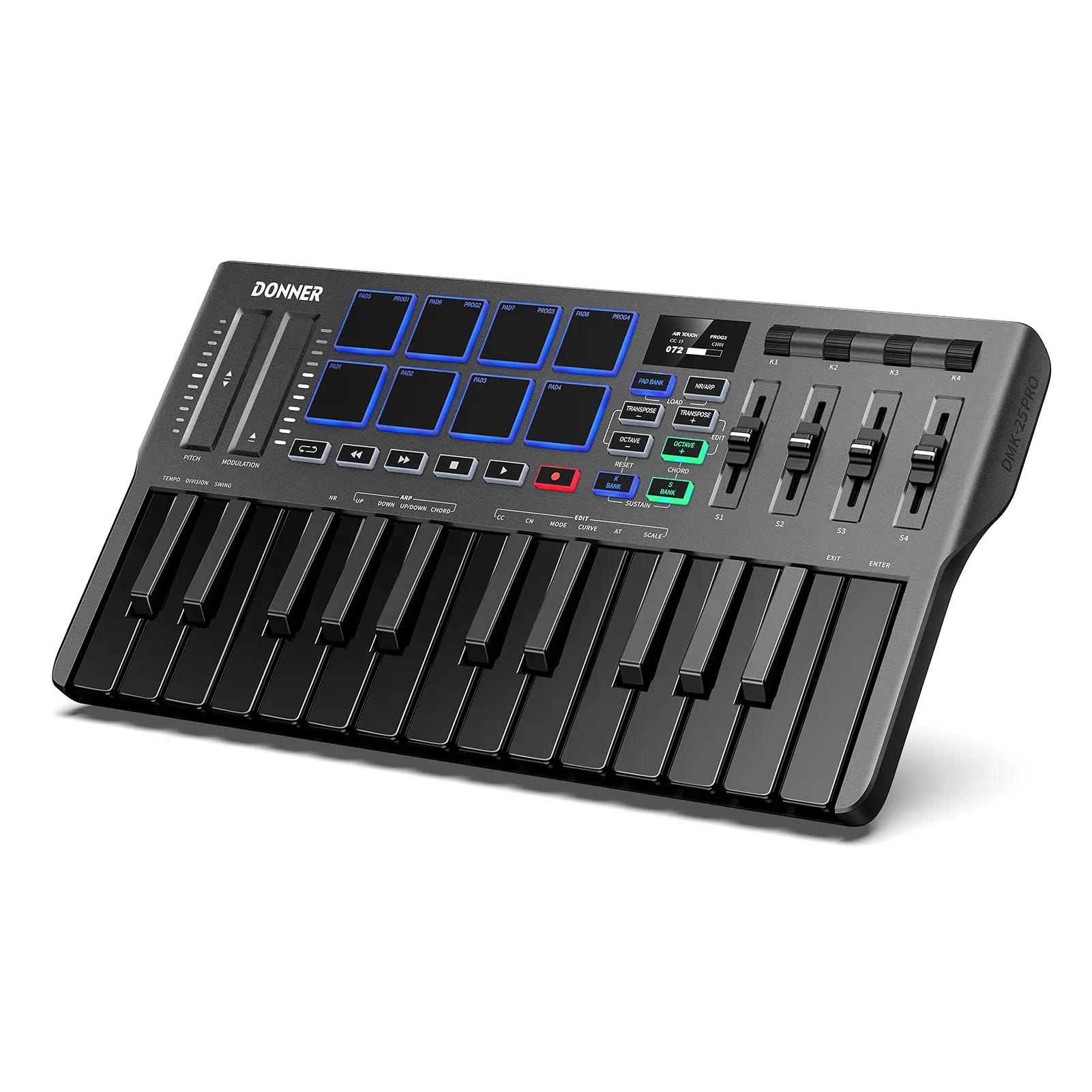 Donner DMK25 Pro Electronic MIDI Keyboard Controller, 25 Mini Keys, Portable USB-C Device with 8 Drum Pads, OLED Display, Personalized Touch Bar, Music Production Software & 40 Free Courses