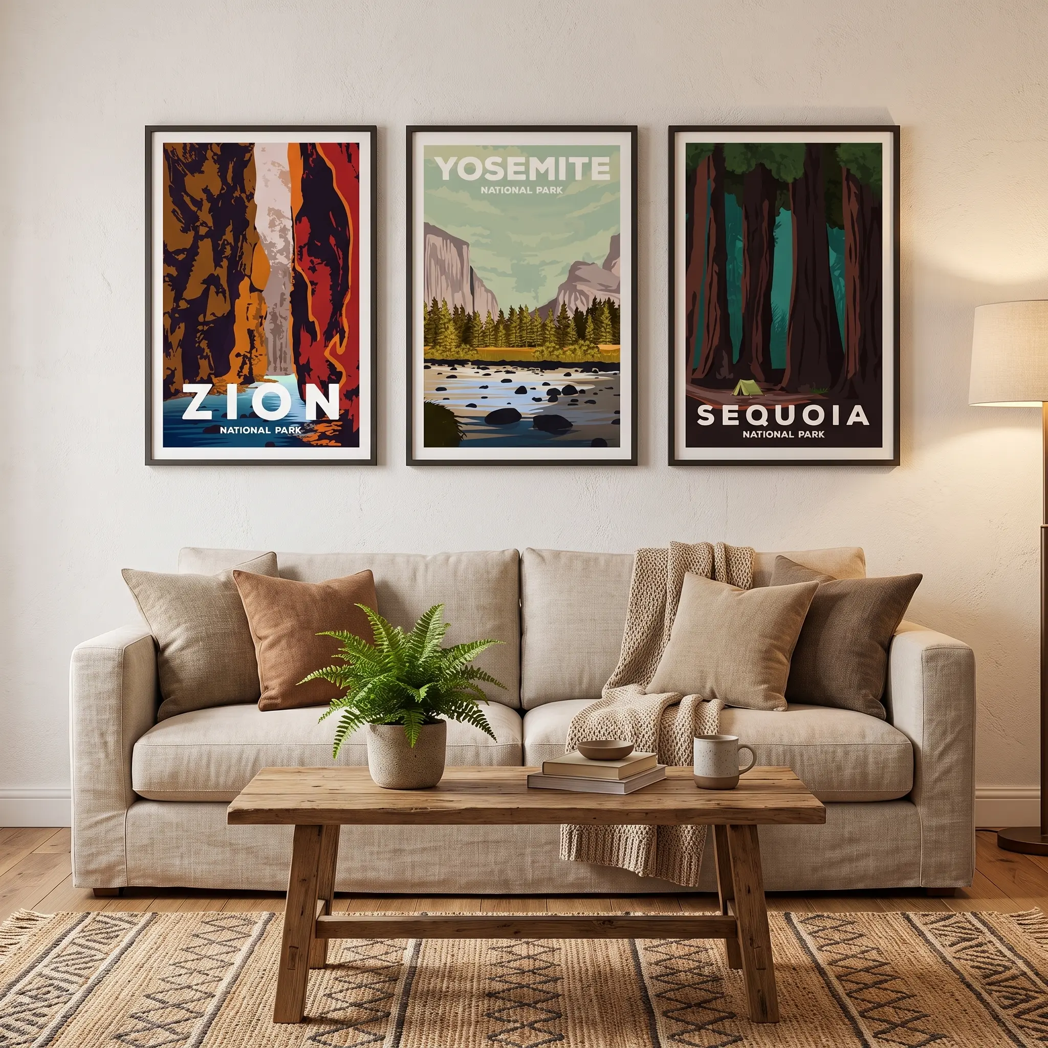 Set of 3 National Park Glossy Posters, Zion, Yosemite, Sequoia Wall Art, Vintage Travel Prints, Scenic Landscape Home Decor Gift