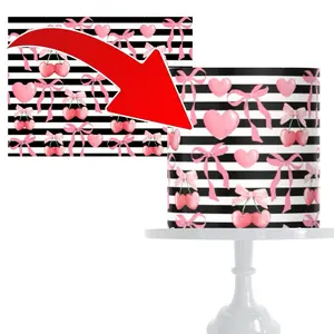 Valentine's Day Edible Cake icing Sheet 8x10 Inch Striped Cherrybows and Hearts Pattern, Pink and Black Cake Border