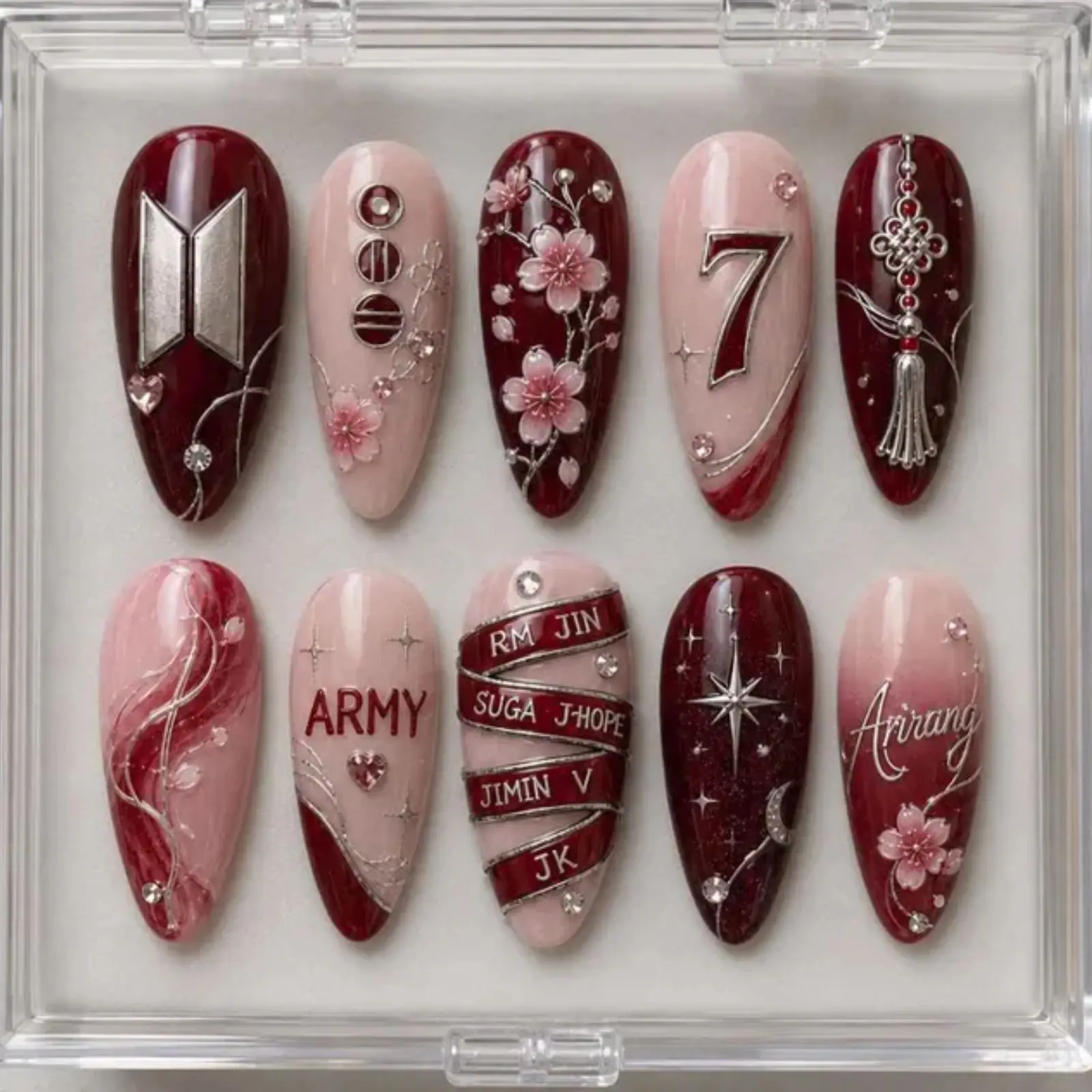 Red & Pink Kpop Inspired Press On Nails | Cherry Blossom 3D Nail Art | Korean Style Floral Nails | Handmade False Nails
