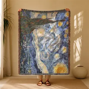 Van Gogh's Starry Night Pattern Bohemian Yarn Jacquard Woven Decorative Blanket with Tassel, Cozy Throw Blanket, Thick Soft Washable Blanket, Used for Home Decor Sofa Chair Bed Tapestry Tablecloth Floor Garden Picnic Outdoor Camping