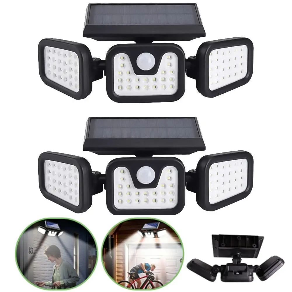Outdoor LED Solar Motion Sensor Lights 2 Pack, IP65 Waterproof 3-Head Security Lights, 3 Modes Wide Angle Illumination for Yard Patio Garage Pathway