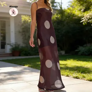 Women Long Dress Dot Print Mesh Spaghetti Strap Cami Dress Summer Fashion Sleeveless Dress