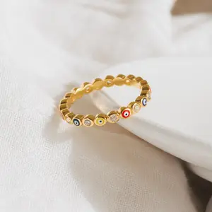 Rainbow Enamel Evil Eye Ring by Caitlyn Minimalist - Boho Stacking Ring with Dainty Crystal Diamonds - Best Friend Gift