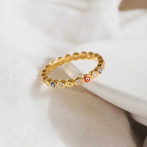 Rainbow Enamel Evil Eye Ring by Caitlyn Minimalist - Boho Stacking Ring with Dainty Crystal Diamonds - Best Friend Gift