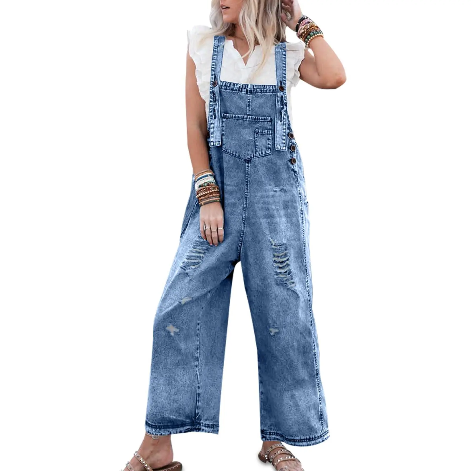 Imily Bela Women's Casual Denim Overalls Loose Adjustable Strap Distressed Bib Jeans Overall Jumpsuits with Pocket