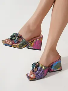 Women's Summer Shiny High Heel Slide Sandals, Party Banquet Elegant Fashion Dressy, Square Open Toe 3D Rhinestone Flower Iridescent Striped Chunky Block Heel Slip-On Outdoor Dress Mules
