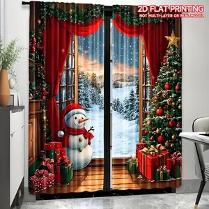 2D Flat 2Pcs Christmas Window Curtains Snowman Santa Tree Scene Design Red Festive Drapes Holiday Winter Snow Thermal Insulated Decorative Home Decoration Curtain Panel for Living Room Bedroom Home Decor Gift Box Accessory
