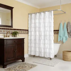 Solid Color Ruffle Trim Shower Curtain, Woven Layered Ruffle Design Shower Curtain with Natural Button Accents, Machine Washable Polyester Bath Curtain, Bathroom Decor, Bathroom Accessories, Bathroom Decoration Accessories