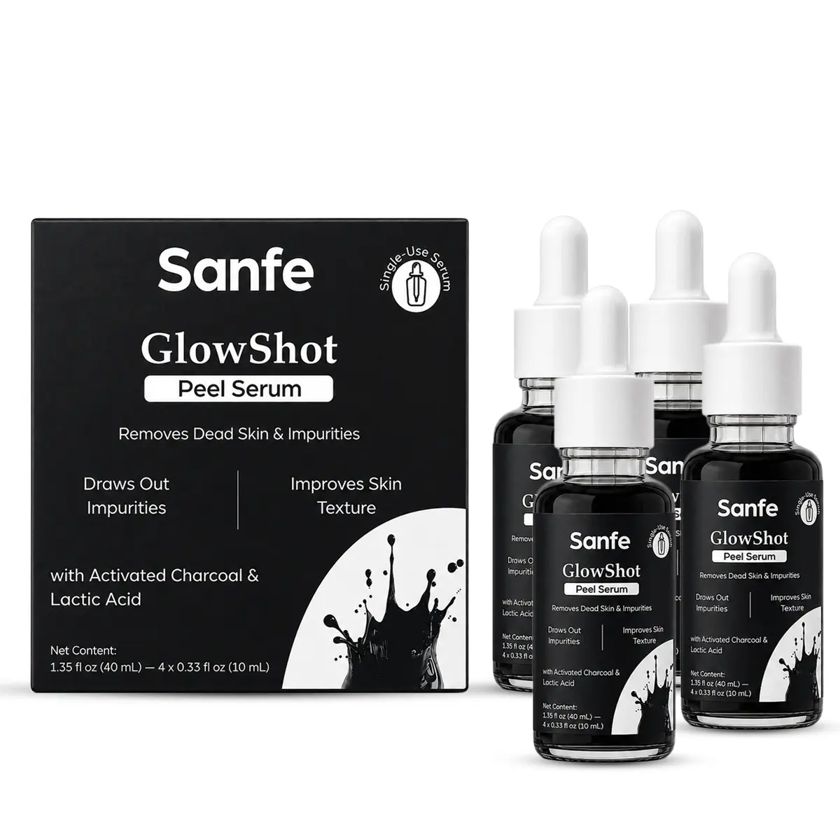 [Sanfe] Glowshot Peel Serum | Charcoal Actives + Lactic Acid (AHA) | 4 Pre Proportioned Vials | Gentle Exfoliating Treatment for Blackheads, Whiteheads, Rough Texture & Clogged Pores | Weekly Reset for Smooth, Clear Skin
