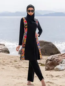 Women's Ethnic Pattern Long Sleeve Swim Top & Swim Pants & Hijab, Modesty Tight-fitting Three-piece Set, Casual Muslim Swimwear, Modest Swimming Wear for Beach Vacation
