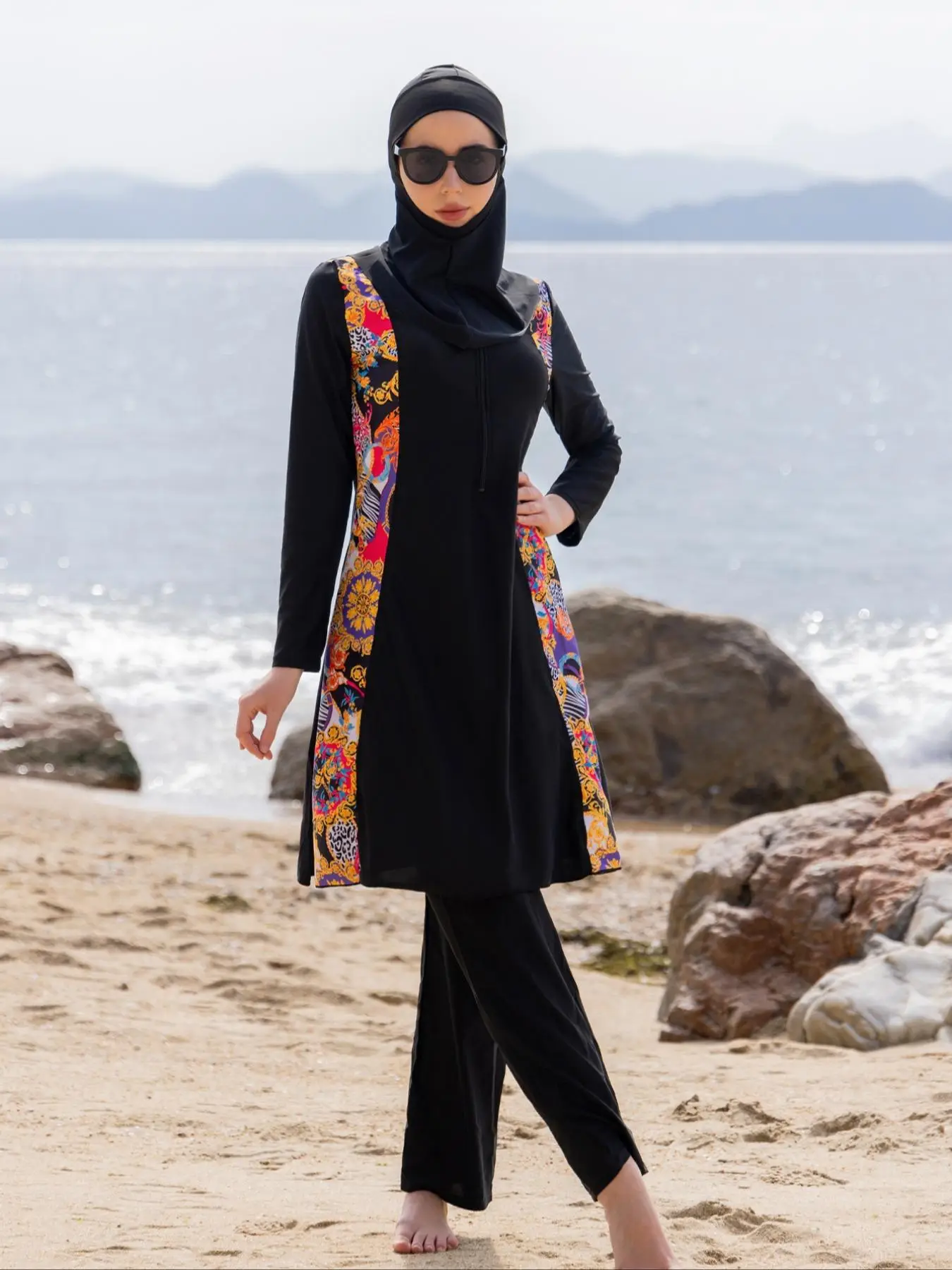 Women's Ethnic Pattern Long Sleeve Swim Top & Swim Pants & Hijab, Modesty Tight-fitting Three-piece Set, Casual Muslim Swimwear for Beach Vacation