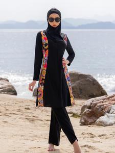 Women's Ethnic Pattern Long Sleeve Swim Top & Swim Pants & Hijab, Modest Tight-fitting Three-piece Set, Casual Muslim Swimwear for Beach Vacation