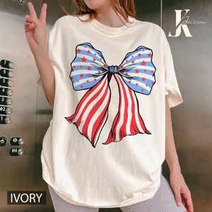 AMERICAN FLAG BOW SHIRT, 4TH OF JULY SHIRT, JULY 4TH SHIRT UNISEX COTTON SHIRT, OVERSIZED HOLIDAY SUMMER SHIRT Comfort Fabric Top Womenswear