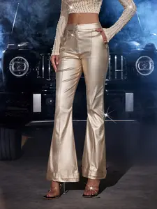 Women's Metallic Fabric Pocket Flare Leg Pants Fit, Womenswear Fashion Casual High Waist Bell Bottom Trousers for Daily Outdoor Wear, Ladies Bottoms for All Seasons