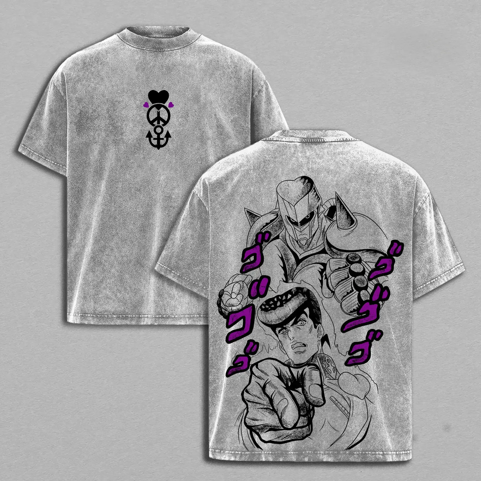 Josuke Higashikata JoJo's Bizarre Adventure Diamond Is Unbreakable Vintage Washed Heavyweight Cotton Oversized Graphic T-Shirt, Men's Streetwear Y2K Retro Manga Top, Otaku Casual Apparel with Flat 2D Print Gifts