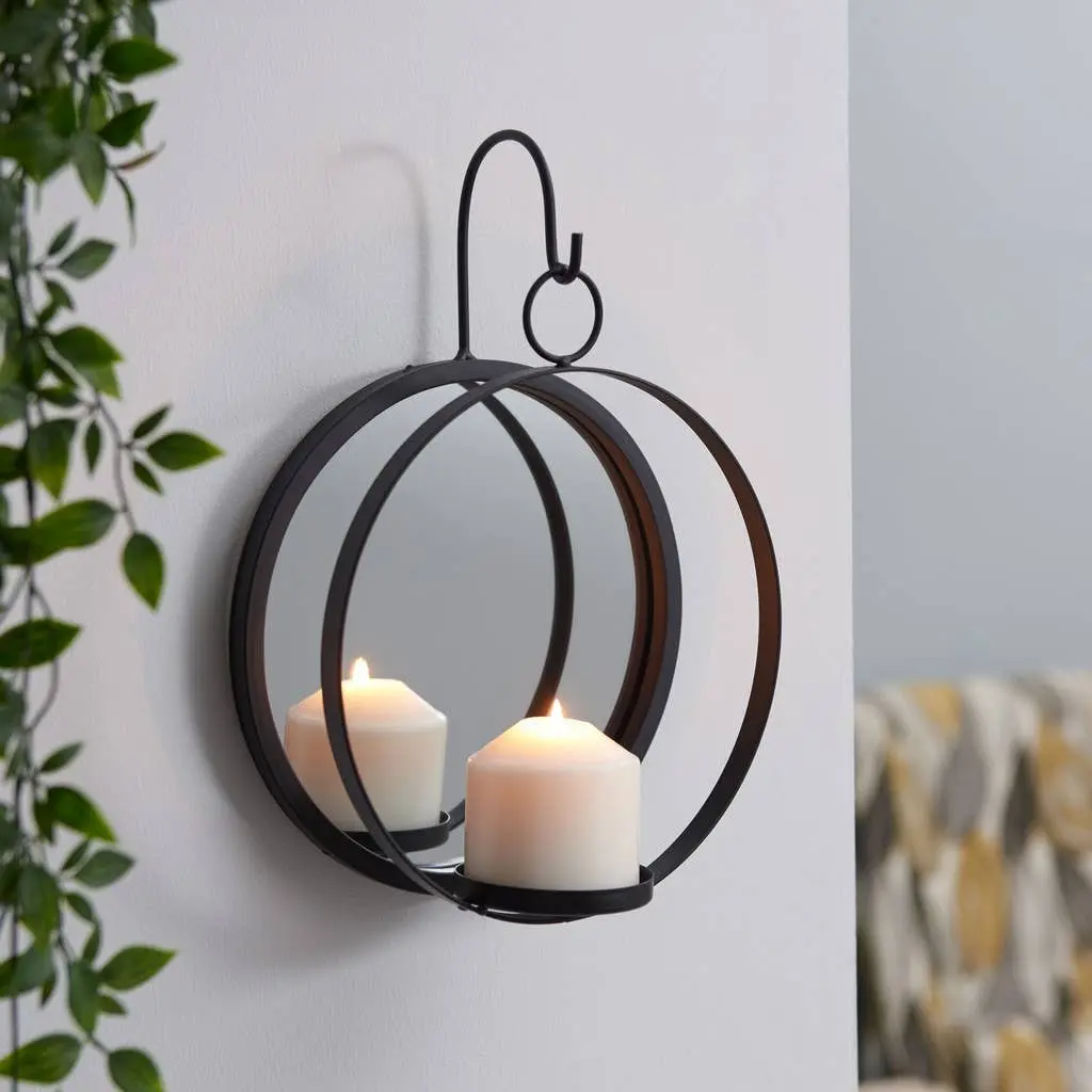 Round Wrought Iron Pillar Candle Sconce with Mirror