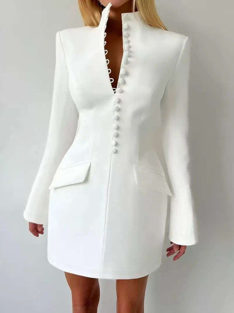 slim fit dress slacks Zapaka Women Ruffled Blazer Dress Ivory Notched Lapel Double Breasted Pencil Midi Work Dress with Sleeves, Ivory / 3XL