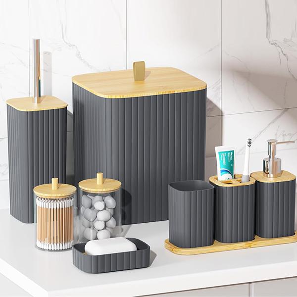 Black Bathroom Set with Shower Curtain, Trash Can, Toilet Brush Holder, Soap Dispenser, and More, Modern Bathroom Accessories