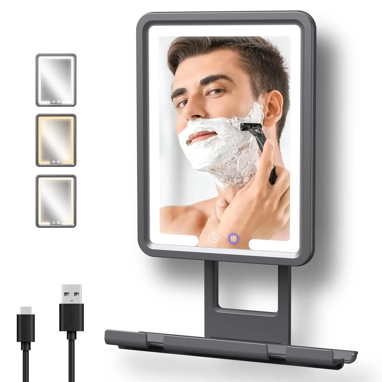 Heated Fogless Shower Mirror  360 Rotation 3 Color Lighted Rechargeable Anti-fog Black 13"l X 9"w