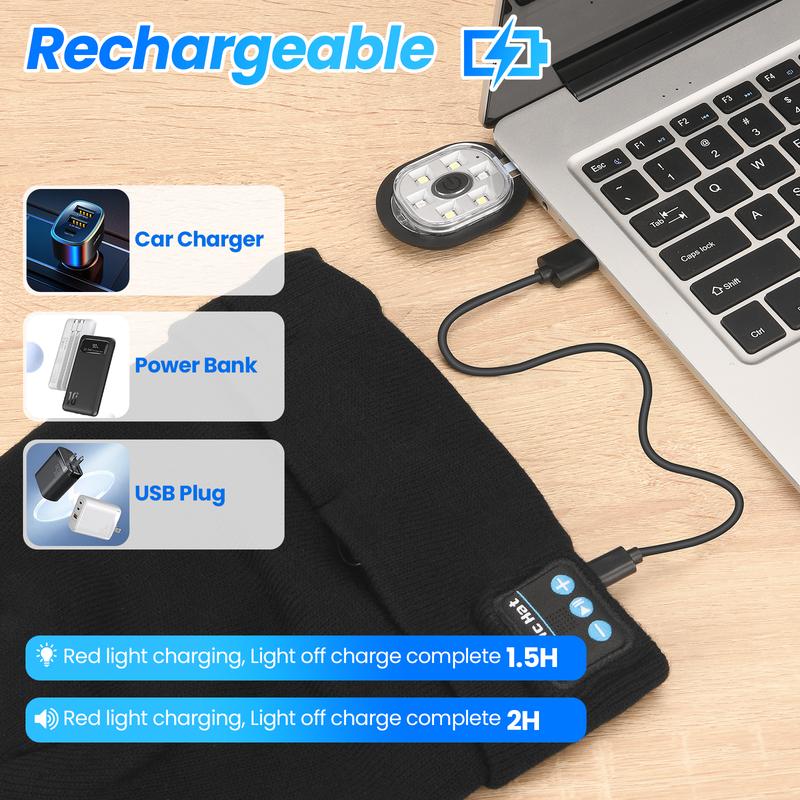 Music and dance style white light borderless cap，LED Beanie with Light, Unisex Rechargeable Flashlight Beanie Hat with Wireless Headphones, Unique Christmas Birthday Gifts for Men Women Black