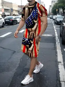 Men's 3D Art Print Short Sleeve Shorts Set, All-Season Comfortable Home Office Wear, Eco-Friendly Dyeing, Anti-Wrinkle Polyester Fiber