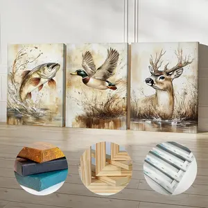 3 Piece Set Wooden Framed Canvas Poster, Hunting Theme, Bass Fishing, Mallard Duck, Deer, Wildlife Art, Retro Style, Rural Farmhouse Atmosphere, Home Decor, Art Print, Canvas Prints, Wall Art for Living Room, Bedroom, Ideal Gift For Friends