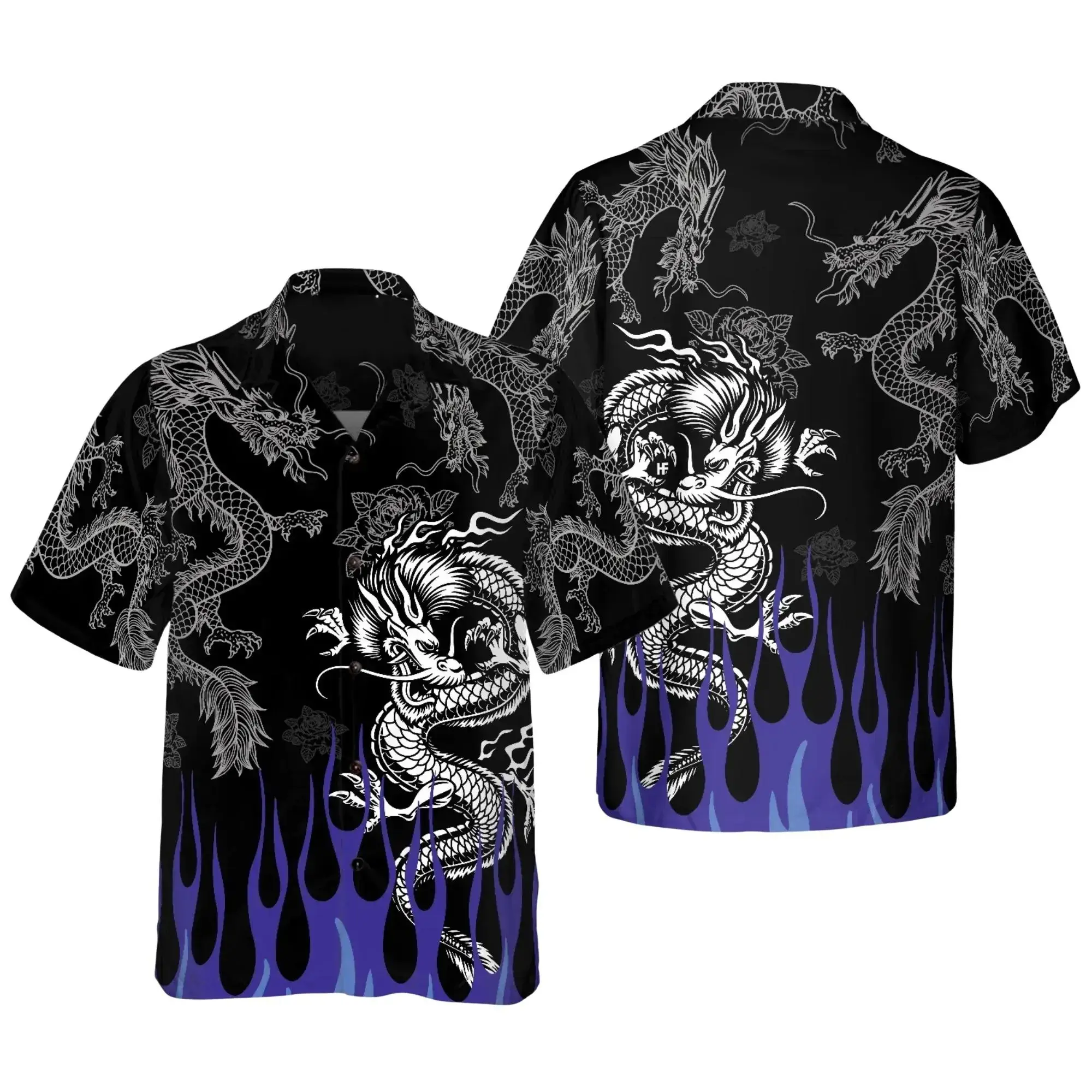 Dragon Hawaiian Shirt for Men Women, Japanese Dragon Button Up, Black Purple Flame Aloha Shirt, Tattoo Style Streetwear Vacation Top