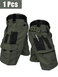 A piece of men's outdoor heavy-duty tactical khaki Sporty Plain work shorts with multiple pockets, an adjustable waistband, and tear-resistant fabric, suitable for sports, hunting, fishing, hiking, and work.