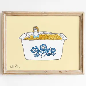 Vintage Corningware Blue Cornflower Mac N' Cheese Illustration Print, Retro Kitchen Art, Cute Nostalgic Kitchen Art, Mac And Cheese Wall Art