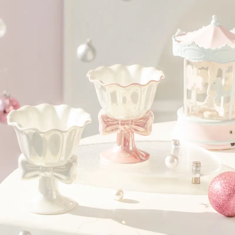 Dreamy Bow Ceramic Ice Cream Cup, Cute Aesthetic Footed Dessert Goblet, Girly Pastel Pink Tableware Gift Drinkware