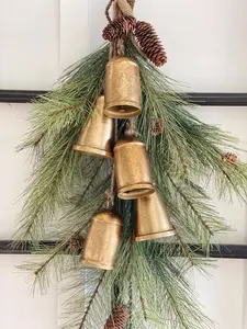 Christmas hanging bells ONLY , mantle winter decor, hanging metal door Christmas bells on a rope, gold finish holiday bell decoration