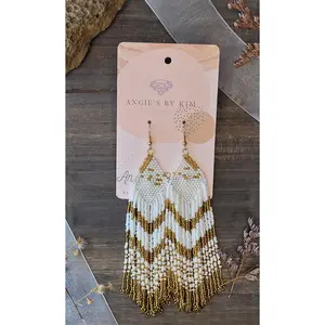 White and Gold Fringe Earrings in Native Style
