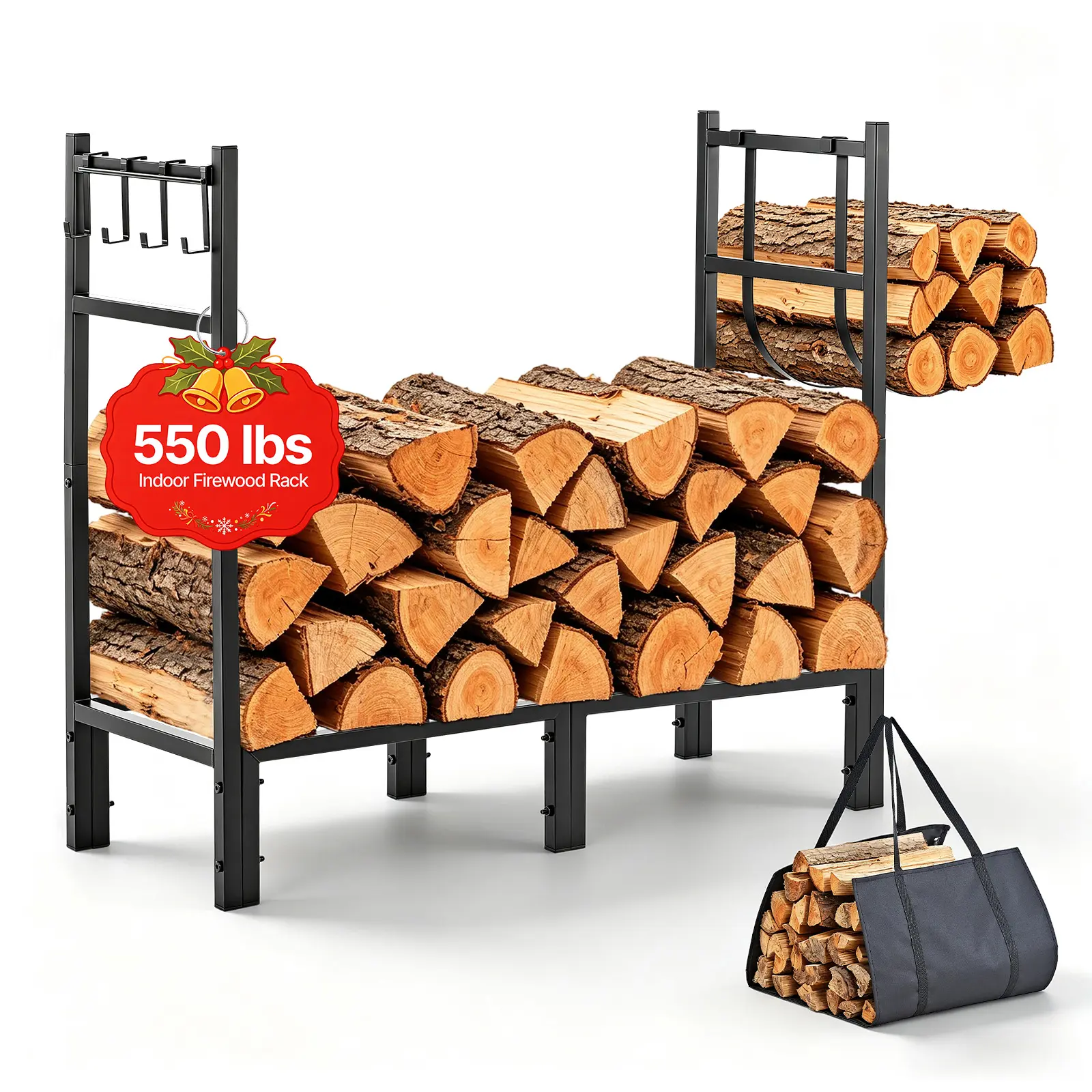 VEVOR Firewood Rack 32.68 Inch Heavy Duty Indoor Fire Wood Storage Holder, for Fireplace Patio Deck, 550 lbs Load Capacity, Stacker Stand with Log Carrier Bag, Metal Wood Pile Organizer Tool, Black