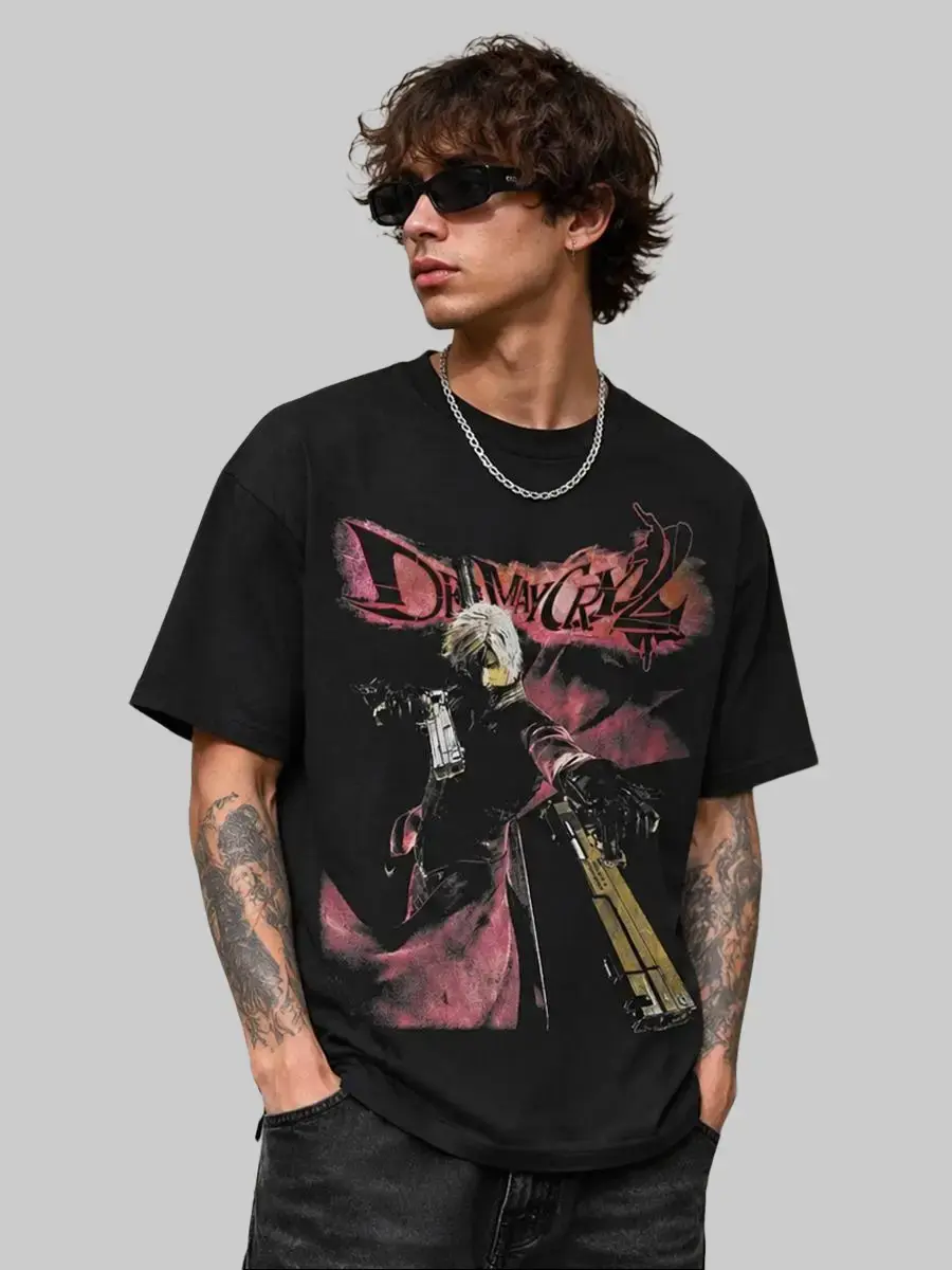 Men's Retro DMC 2 Dante Graphic Short-Sleeve T-Shirt - Vintage 2000s Gothic Grunge Streetwear Tee, Unisex Crew Neck Athletic Basic Shirt with Cold Wash Compatibility, Emo Gamer Aesthetic