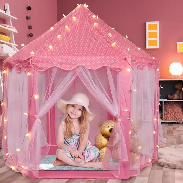 Kids Princess Castle Tent with LED Star Lights, Foldable Indoor-Outdoor Playhouse for Girls, Hand Washable Fun Party Toy with Rug, Birthday Gift for Ages 3+, Girl, Play Tent