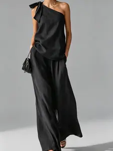 Women's 2-Piece Minimalist Golden Vibe Loose Pants Set - Sleeveless Top with Pocket, Asymmetric Wide Leg Bottom, Comfortable Fabric, Casual Women's Clothes for 2026 Spring & Summer Daily Wear, Beach Vacation, 2 Piece Set Plus Size