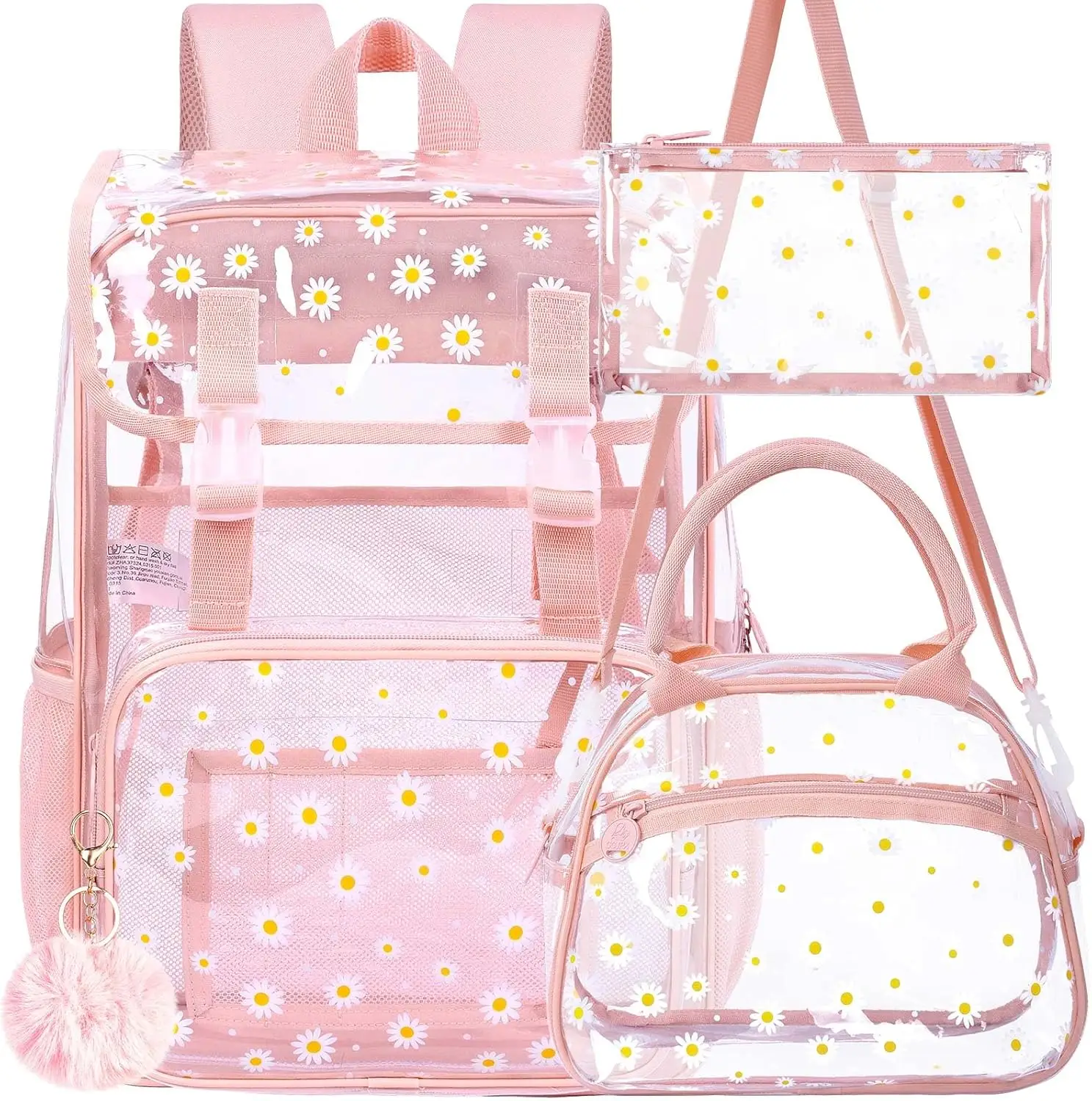 3PCS Clear Backpack for Girls Women, Heavy Duty See Through PVC School Bookbag with Lunch Box, Large Stadium Approved Transparent Backpacks(Pink Daisy