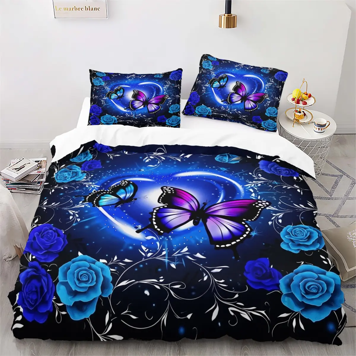 Butterfly Violet Rose Quilt Set, 2-3 Piece Bedding, High Definition Print, Decorative Bedding Set, Theme Bedding Set, All Season Home Decor, Includes 1 Quilt + 1-2 Pillowcases, Soft Bedding Sets