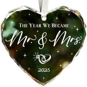 2025 Mr & Mrs Heart Crystal Glass Ornament - Engraved Wedding Keepsake Gift for Couples, Engagement, Anniversary, Bridal Shower, New Home, Christmas Tree Decor