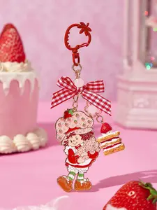 Strawberry Shortcake Fashionable & Sweet Cute Strawberry Cake Checkered Bow Zinc Alloy Keychain Bag Pendant Charm Commemorative Collection Gift Gold Keyring