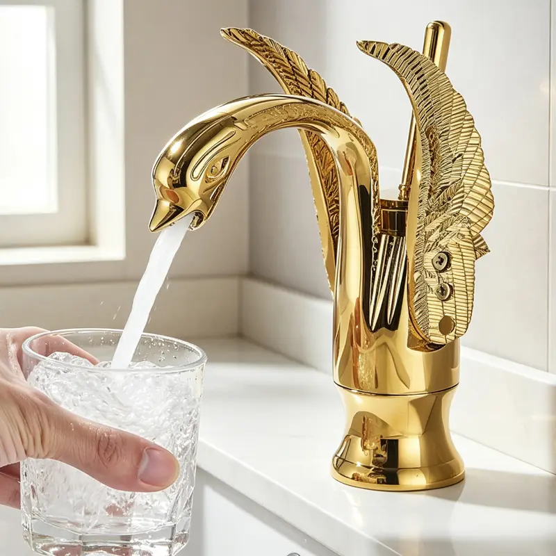 Single Handle Bathroom Sink Faucet, Swan Design 1 Hole Deck Mounted Vintage Lavatory Mixer Tap for Bathroom Sink Basin, Polished Gold, Easy Installation, Durable & Corrosion-Resistant