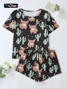 Women's Elegant Sleepwear Set Loungewear, Animal Cactus Print Pajamas, Round Neck Short Sleeve Top & Comfort Shorts, All Season Fitted Nightwear