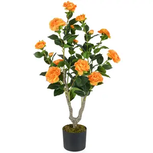COSTWAY - 36 Inch Artificial Camellia Tree with Blooming Flower 1 Pack-Orange
