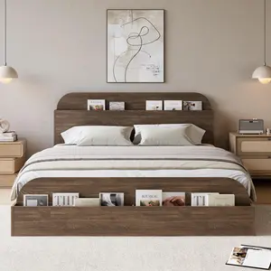 Queen Size Bed Frame, Wooden Beds with Storage Headboard and Raised-Foodboard, Queen-Floor Low Platform Bed for Bedroom, Sturdy Wooden Slats Support, No Box Spring Needed, Walnut