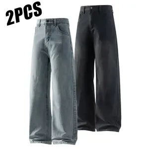 2-Pack men's American comfortable casual straight-leg jeans, old wash water street trend fashion daily versatile trousers, all seasons 65% cotton 27% polyester fiber 8% viscose fiber, suitable for daily wear