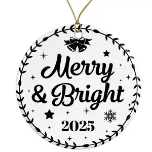 Merry and Bright Christmas Bells Ornament 2025 | Holiday Decor | Seasonal Ornament | Christmas Gift Ceramic Ornament -  - 3 Inch Christmas Tree Round Ornament - Xmas Holiday Decor - String Included - ORNW0325