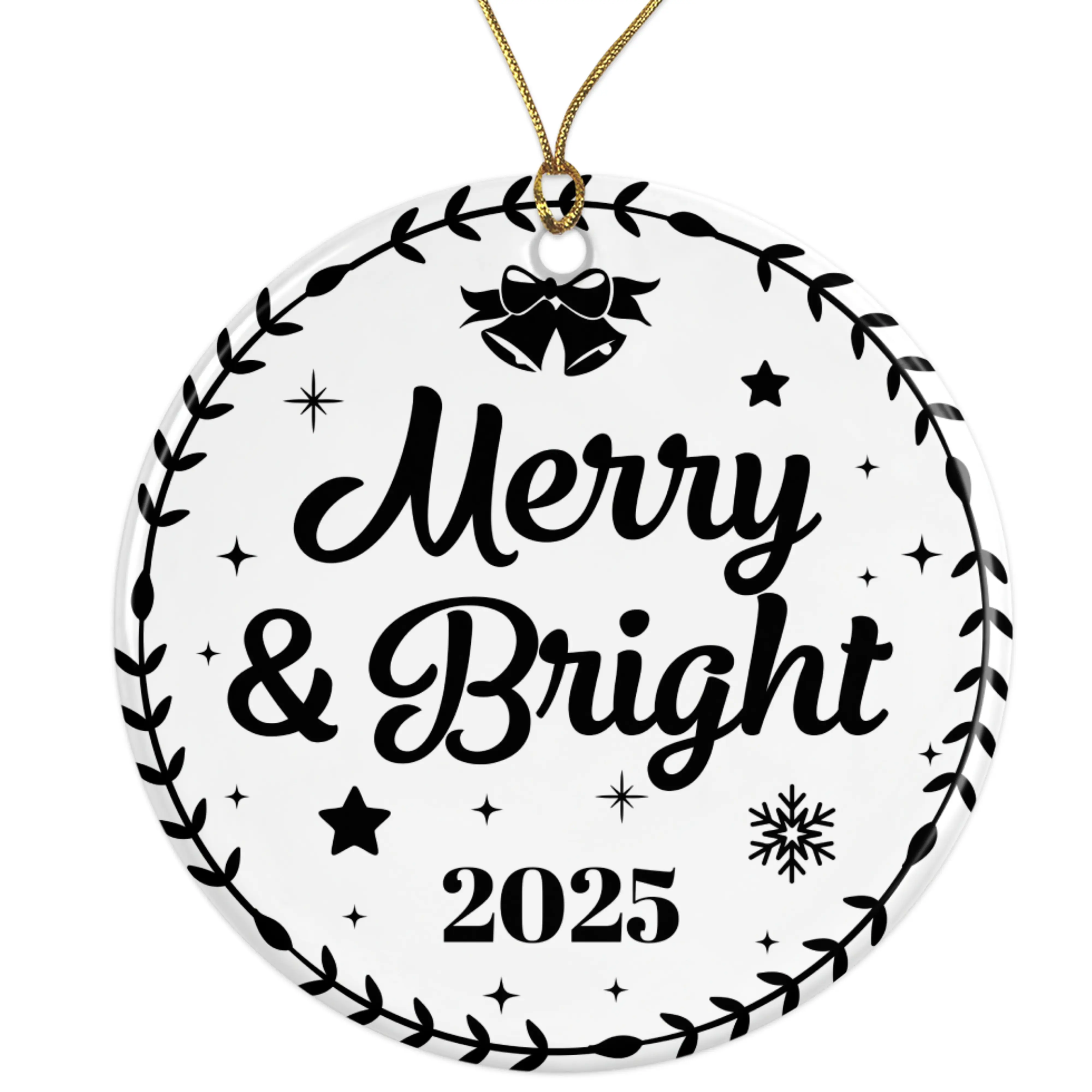 Merry and Bright Christmas Bells Ornament 2025 | Holiday Decor | Seasonal Ornament | Christmas Gift Ceramic Ornament -  - 3 Inch Christmas Tree Round Ornament - Xmas Holiday Decor - String Included - ORNW0325