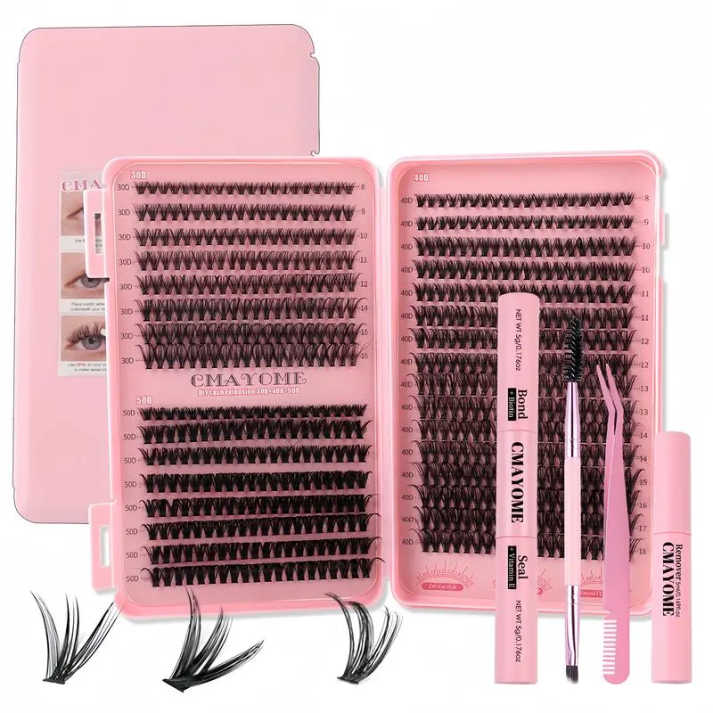 DIY Eyelash Extension Kit with D Curl Dramatic Cat Eye Thin Band Bunny Bottom Lashes, Bond Sealant, Tweezers, Remover for Makeup Routine & Realistic Home Application